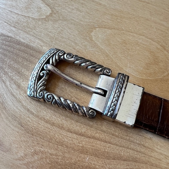 LEATHER BELT WOMENS BROWN CROC EMBOSSED WESTERN BOHO VTG INSPIRED INTRICATE - Picture 4 of 11